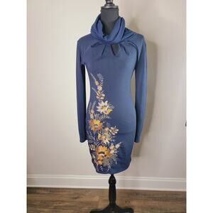 Navy Blue Long Sleeve Jersey Cozy Sweater Dress with Gold Design Floral Details